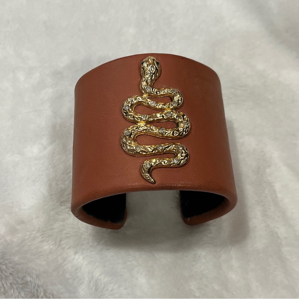 Brown burnt orange leather cuff bracelet with snake by Eva Jeanbart LoRenzotti